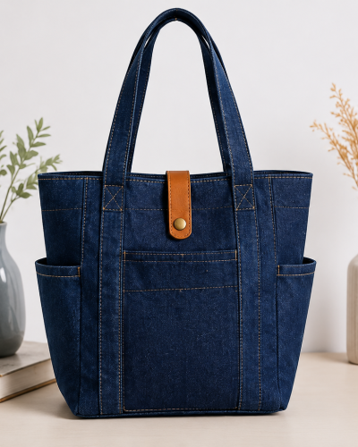 Premium Blue Denim Shopping Tote Bag